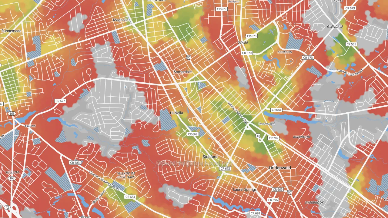 Walk Grade map of Hi-Nella, NJ, walkable areas in green and car-dependent areas in red