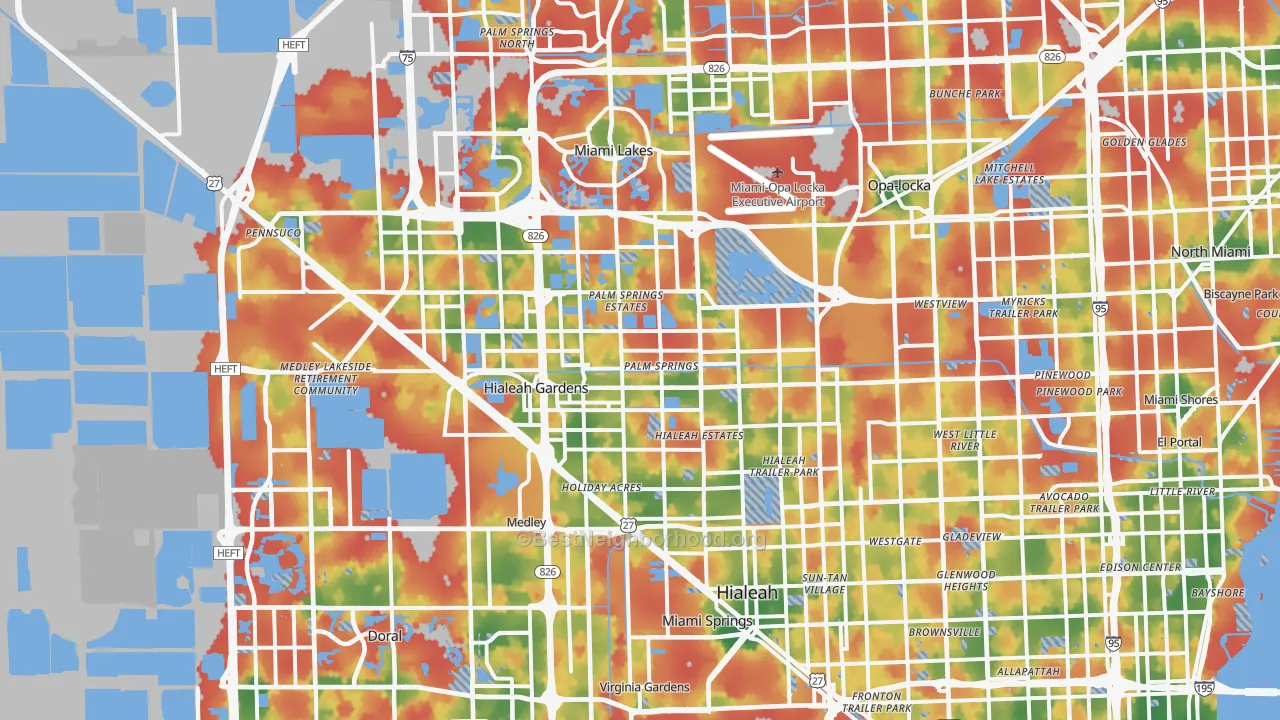 Walk Grade map of Hialeah, FL, walkable areas in green and car-dependent areas in red