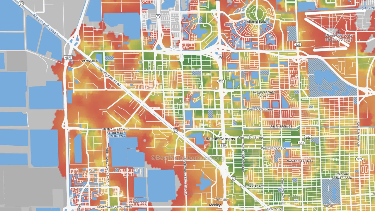 Walk Grade map of Hialeah Gardens, FL, walkable areas in green and car-dependent areas in red