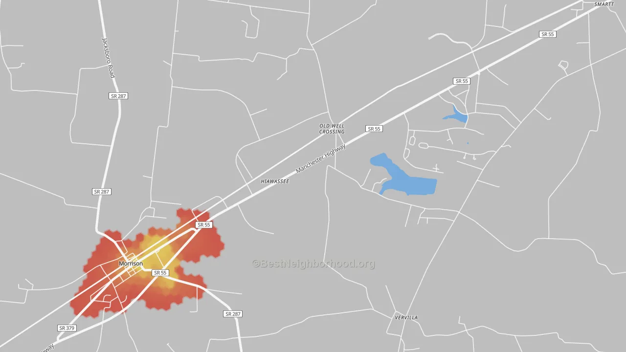 Walk Grade map of Hiawassee, TN, walkable areas in green and car-dependent areas in red