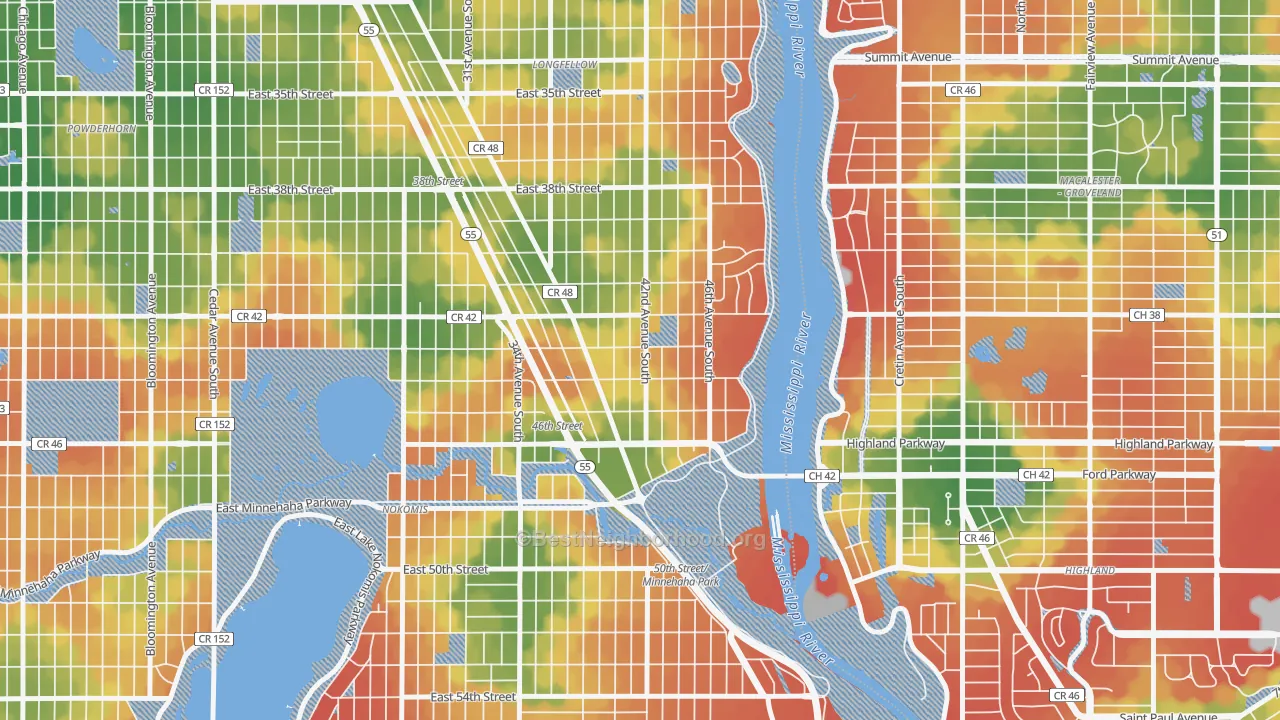 Walk Grade map of Hiawatha, Minneapolis, MN, walkable areas in green and car-dependent areas in red