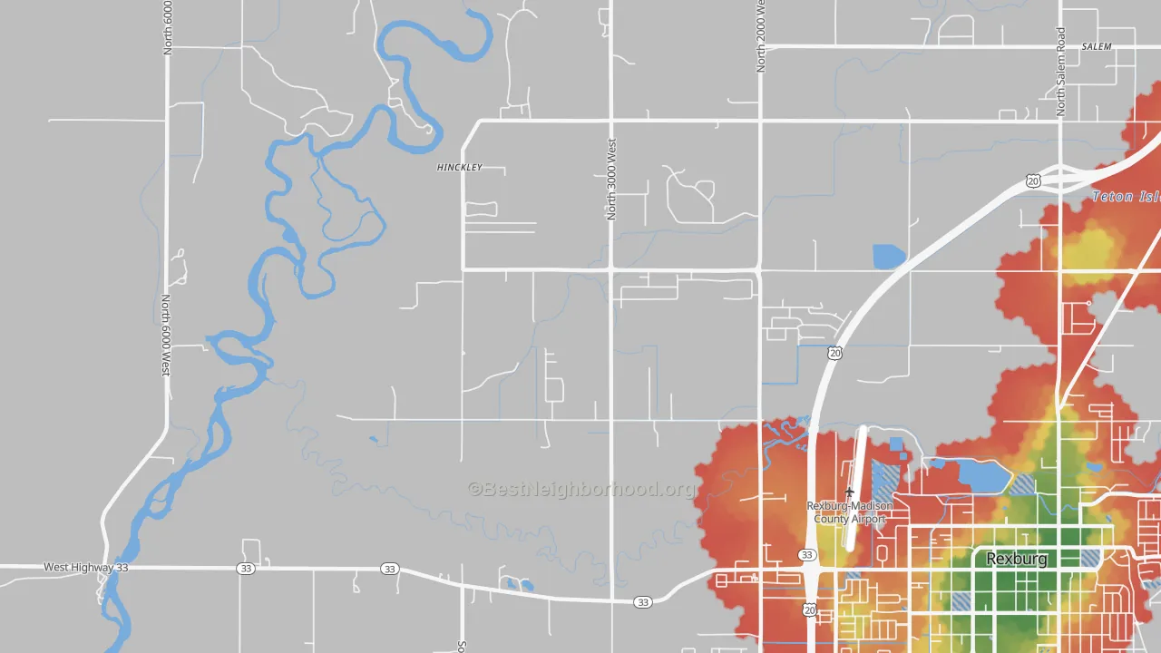 Walk Grade map of Hibbard, ID, walkable areas in green and car-dependent areas in red