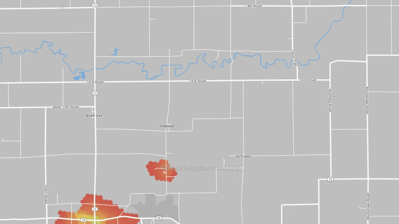 Walk Grade map of Hibbard, IN, walkable areas in green and car-dependent areas in red