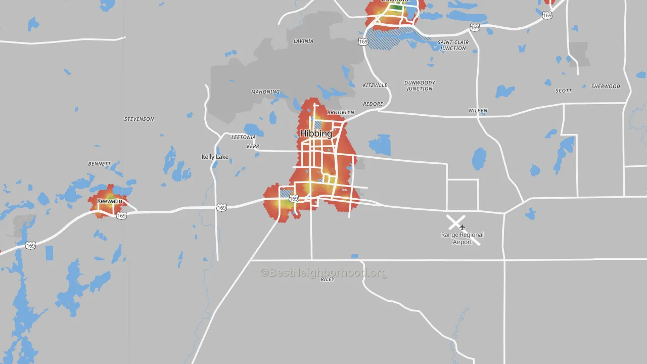 Walk Grade map of Hibbing, MN, walkable areas in green and car-dependent areas in red
