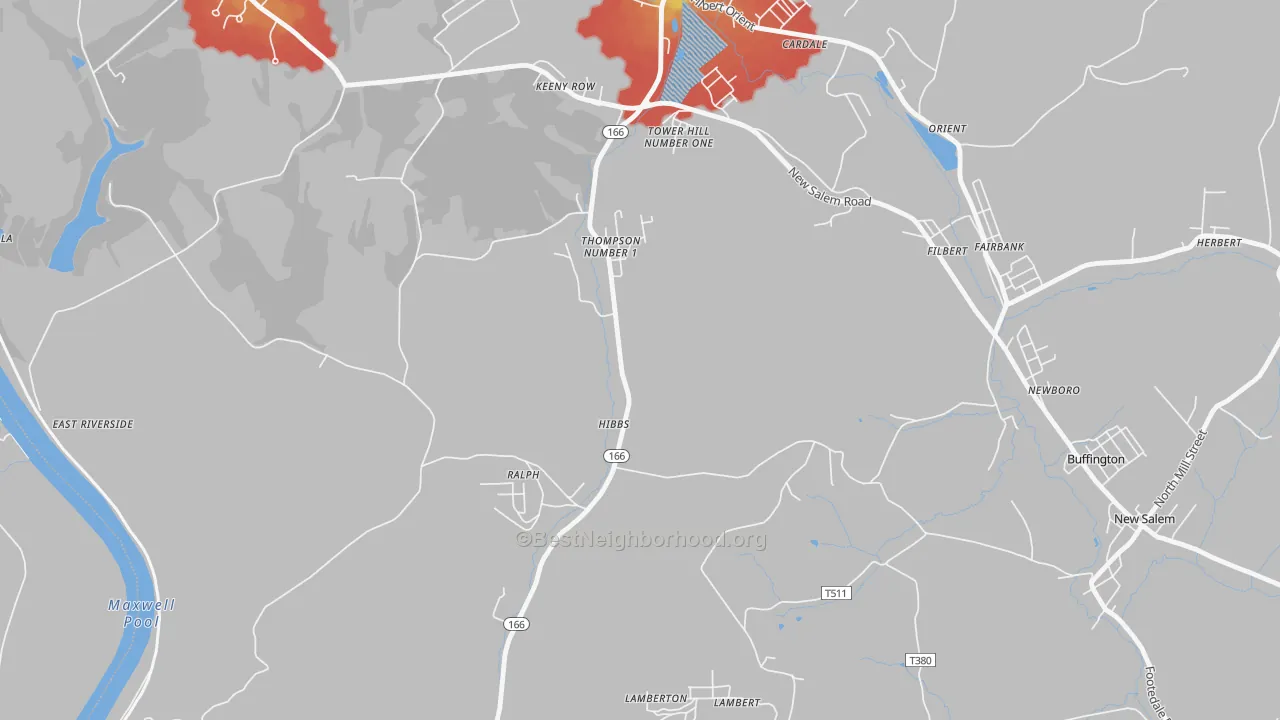 Walk Grade map of Hibbs, PA, walkable areas in green and car-dependent areas in red