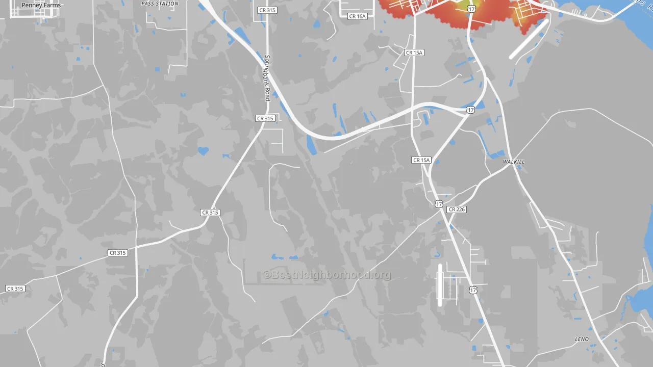 Walk Grade map of Hibernia, FL, walkable areas in green and car-dependent areas in red