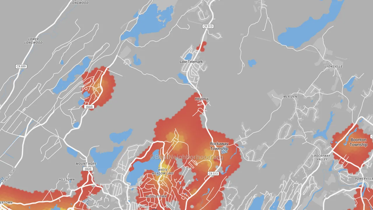 Walk Grade map of Hibernia, NJ, walkable areas in green and car-dependent areas in red
