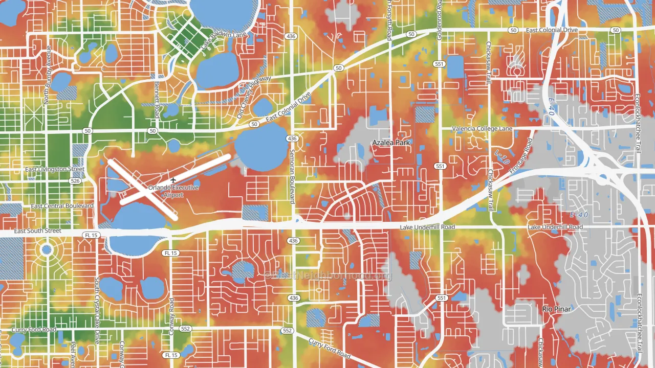Walk Grade map of Hibiscus, Azalea Park, FL, walkable areas in green and car-dependent areas in red