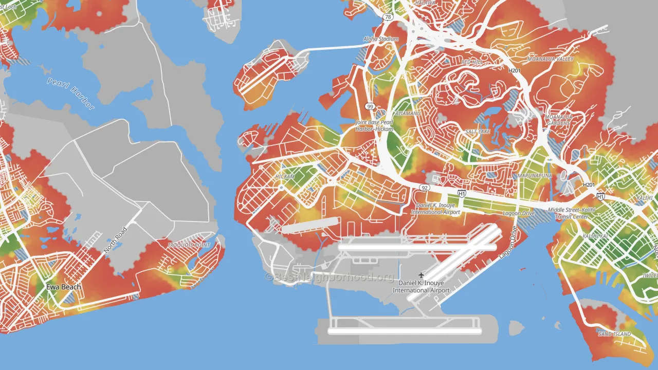 Walk Grade map of Hickam Housing, HI, walkable areas in green and car-dependent areas in red