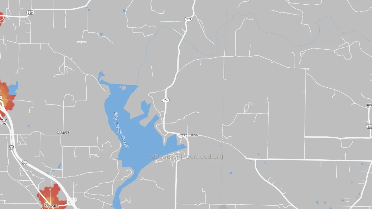 Walk Grade map of Hickeytown, AR, walkable areas in green and car-dependent areas in red