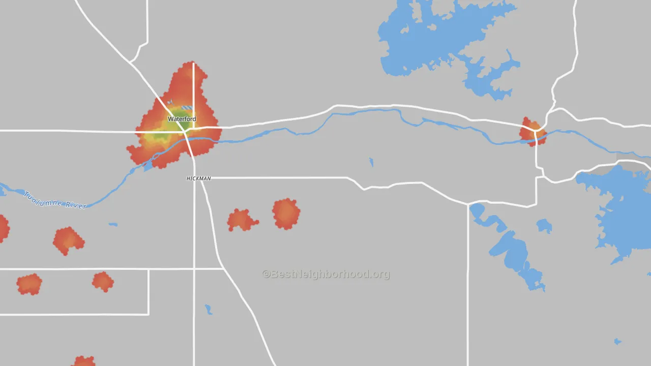 Walk Grade map of Hickman, CA, walkable areas in green and car-dependent areas in red