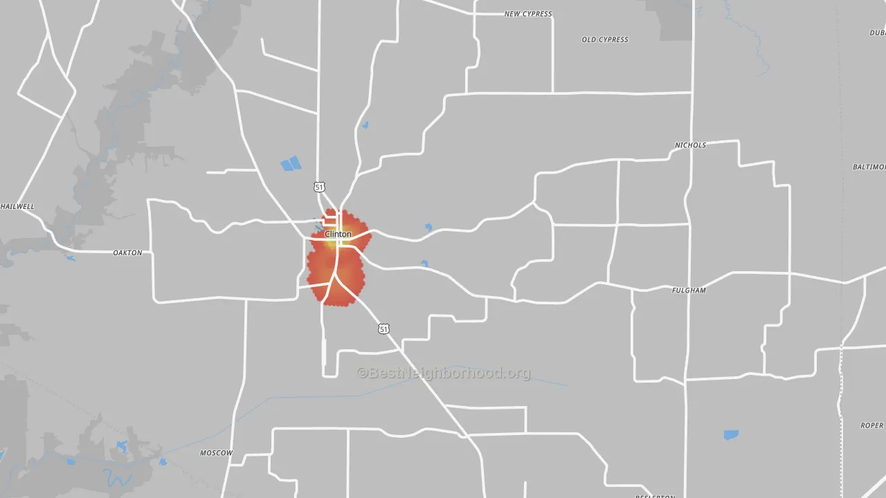 Walk Grade map of Hickman County, KY, walkable areas in green and car-dependent areas in red