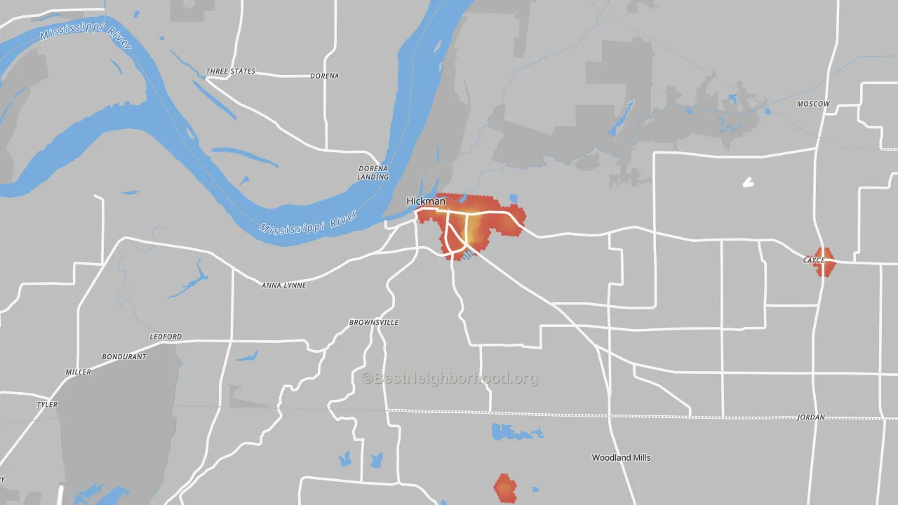 Walk Grade map of Hickman, KY, walkable areas in green and car-dependent areas in red