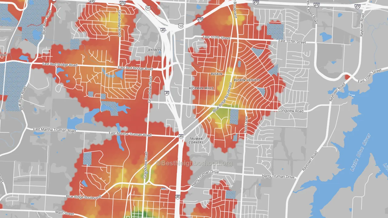 Walk Grade map of Hickman Mills, Kansas City, MO, walkable areas in green and car-dependent areas in red