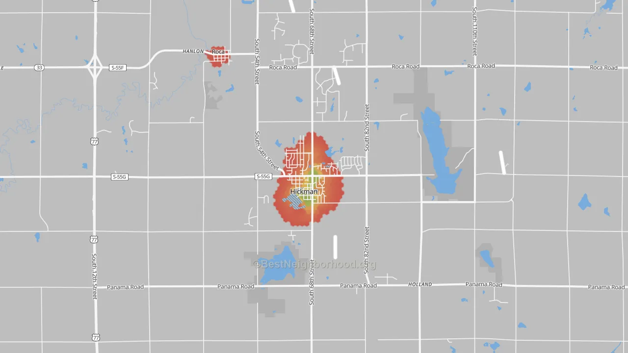 Walk Grade map of Hickman, NE, walkable areas in green and car-dependent areas in red
