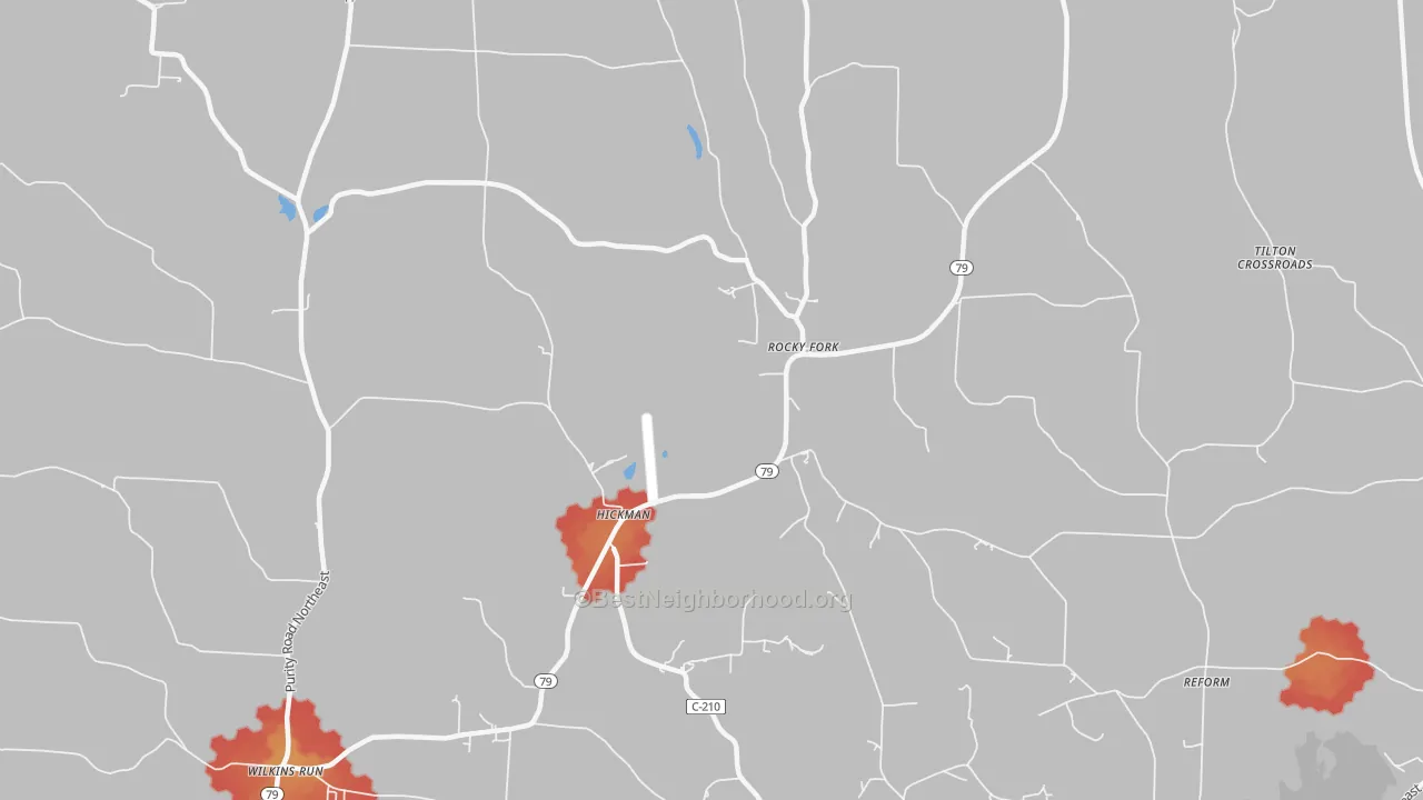 Walk Grade map of Hickman, OH, walkable areas in green and car-dependent areas in red