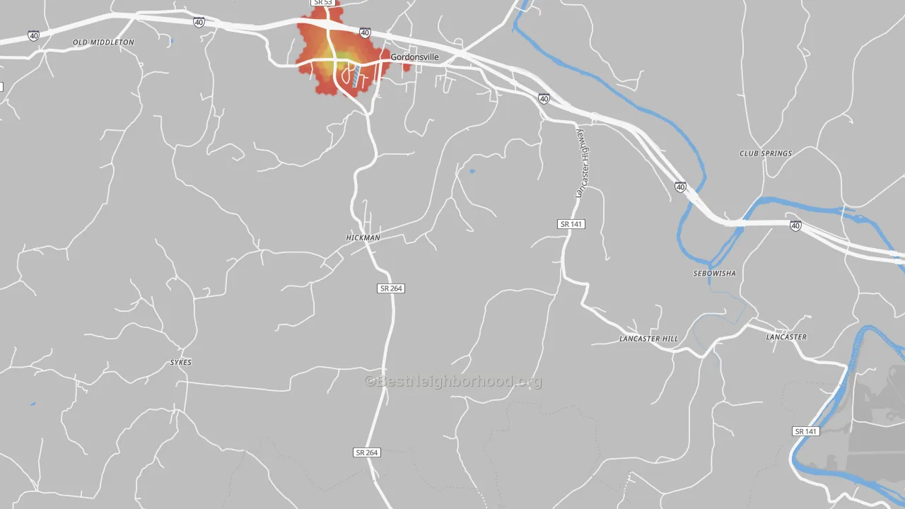 Walk Grade map of Hickman, TN, walkable areas in green and car-dependent areas in red