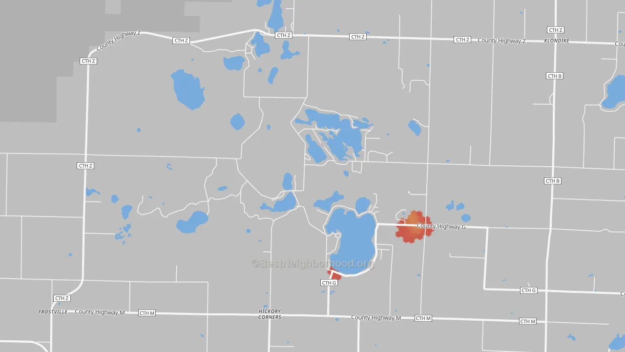 Walk Grade map of Hickory Corners, WI, walkable areas in green and car-dependent areas in red