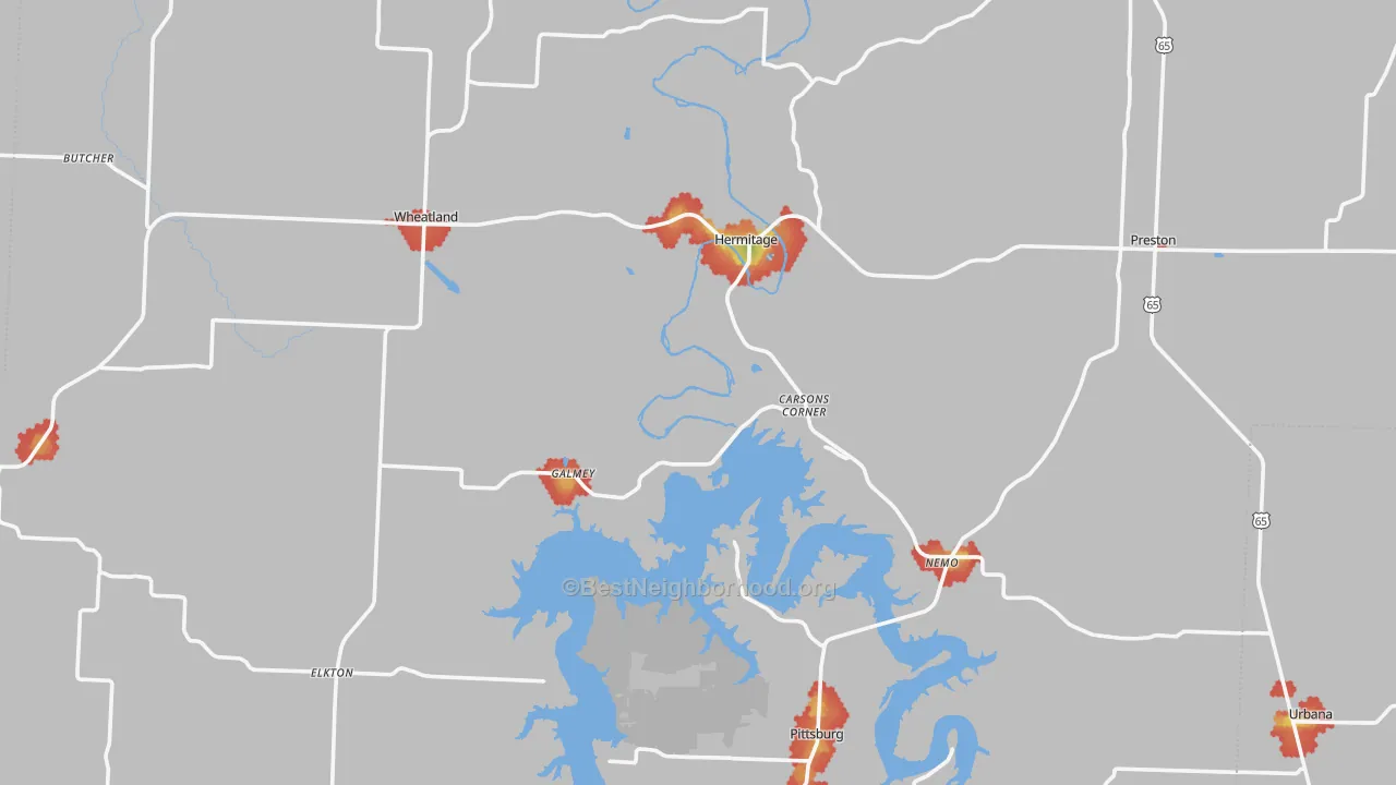 Walk Grade map of Hickory County, MO, walkable areas in green and car-dependent areas in red