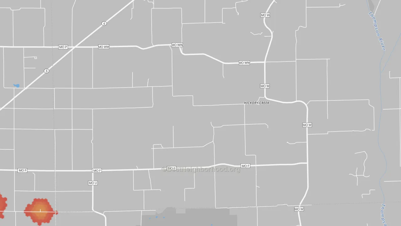 Walk Grade map of Hickory Creek, MO, walkable areas in green and car-dependent areas in red
