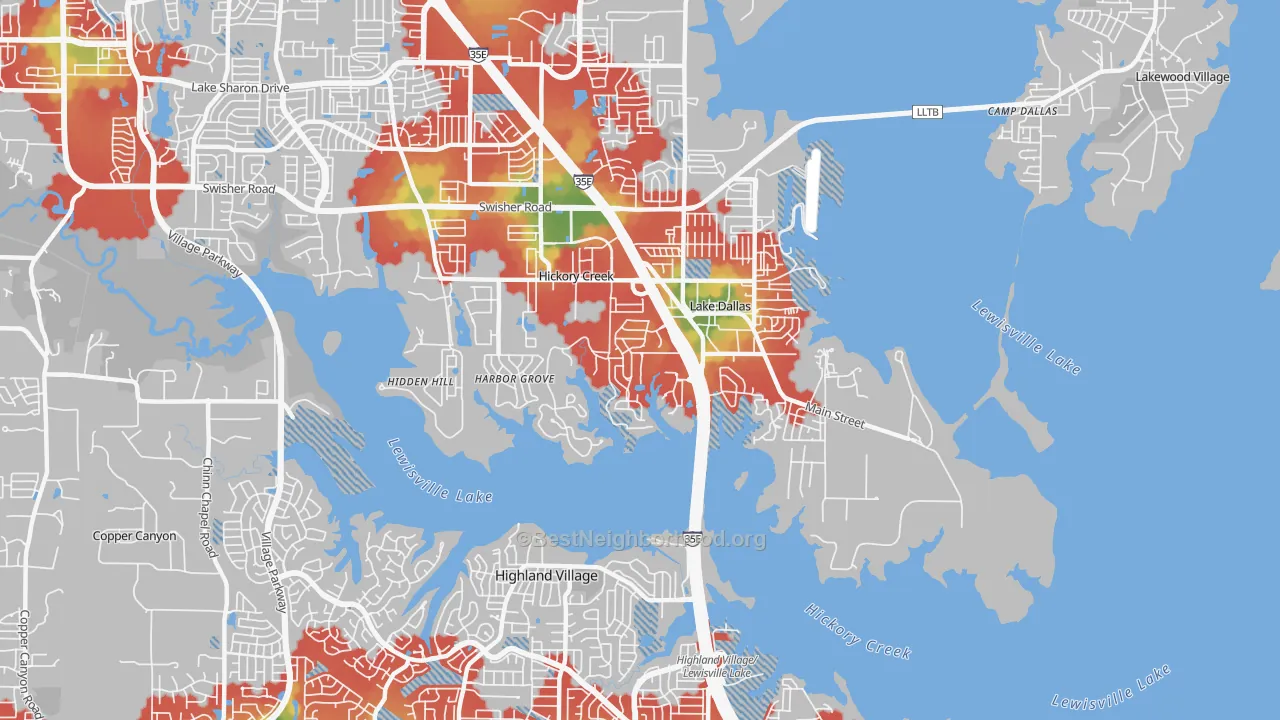 Walk Grade map of Hickory Creek, TX, walkable areas in green and car-dependent areas in red