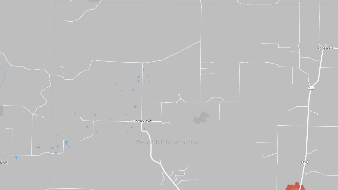 Walk Grade map of Hickory Flat, AR, walkable areas in green and car-dependent areas in red
