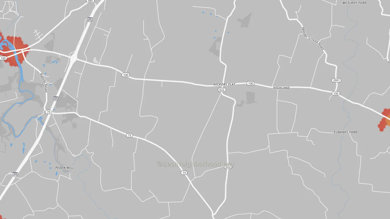 Walk Grade map of Hickory Flat, KY, walkable areas in green and car-dependent areas in red