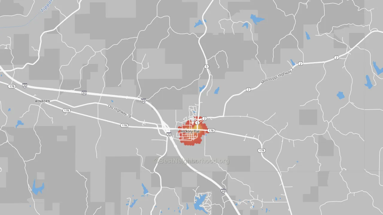 Walk Grade map of Hickory Flat, MS, walkable areas in green and car-dependent areas in red