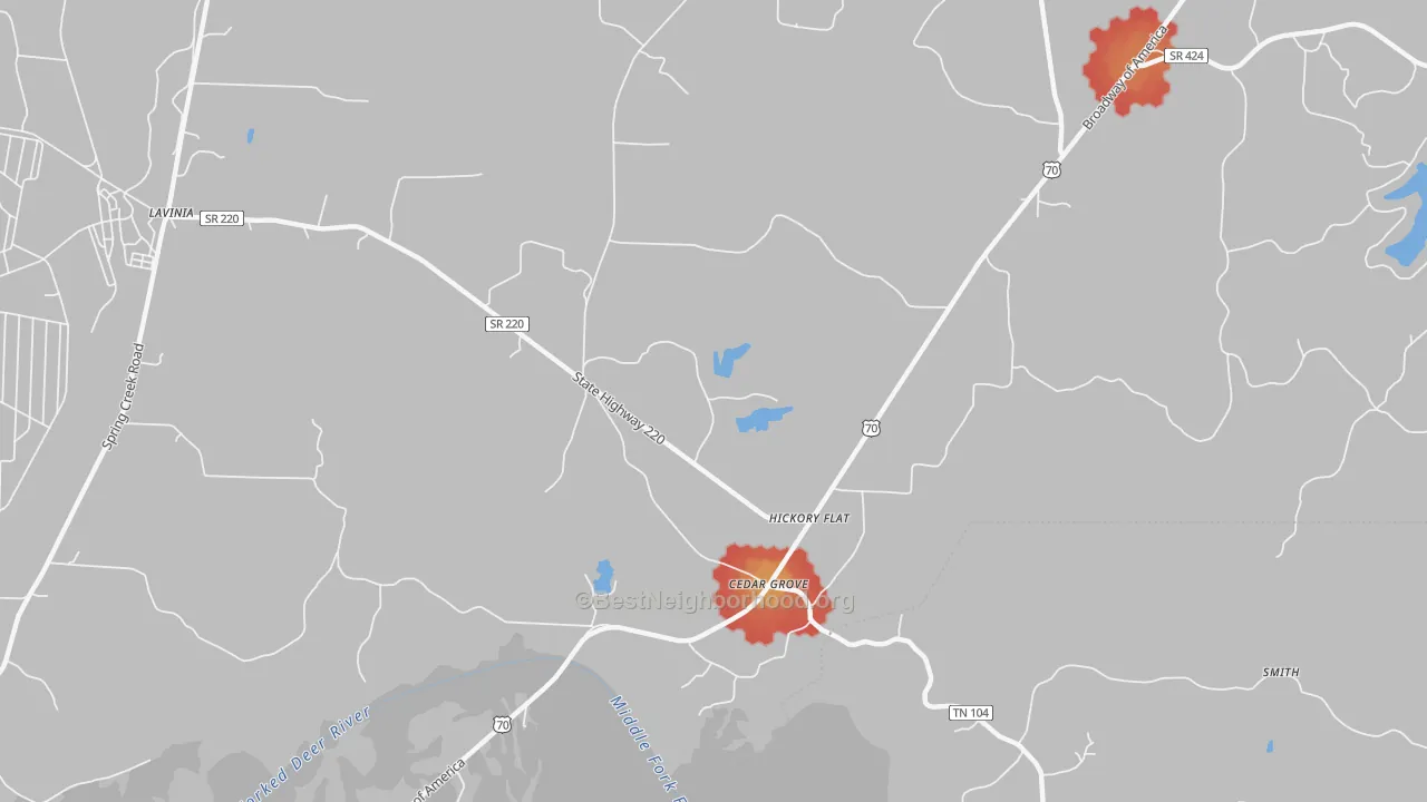 Walk Grade map of Hickory Flat, TN, walkable areas in green and car-dependent areas in red