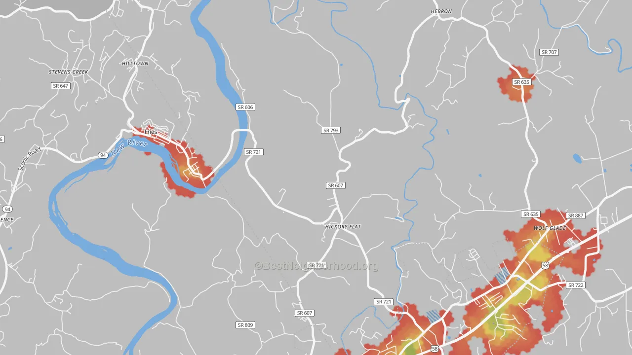 Walk Grade map of Hickory Flat, VA, walkable areas in green and car-dependent areas in red
