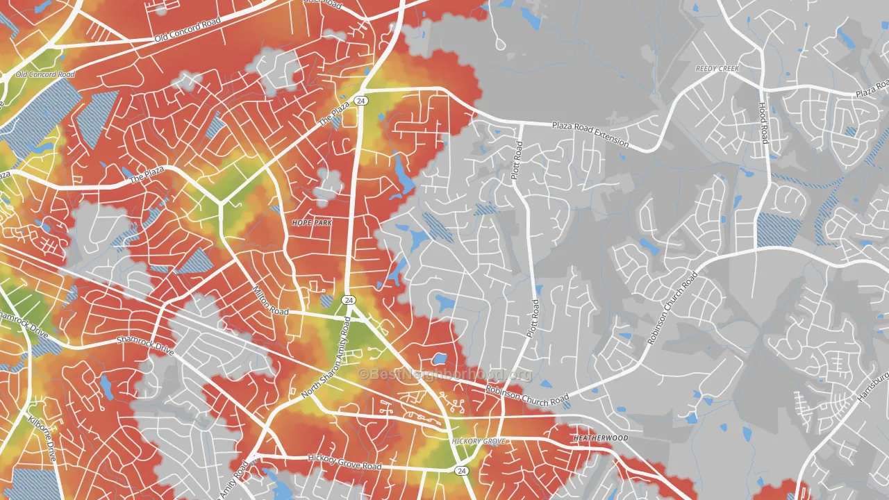 Walk Grade map of Hickory Grove, Charlotte, NC, walkable areas in green and car-dependent areas in red
