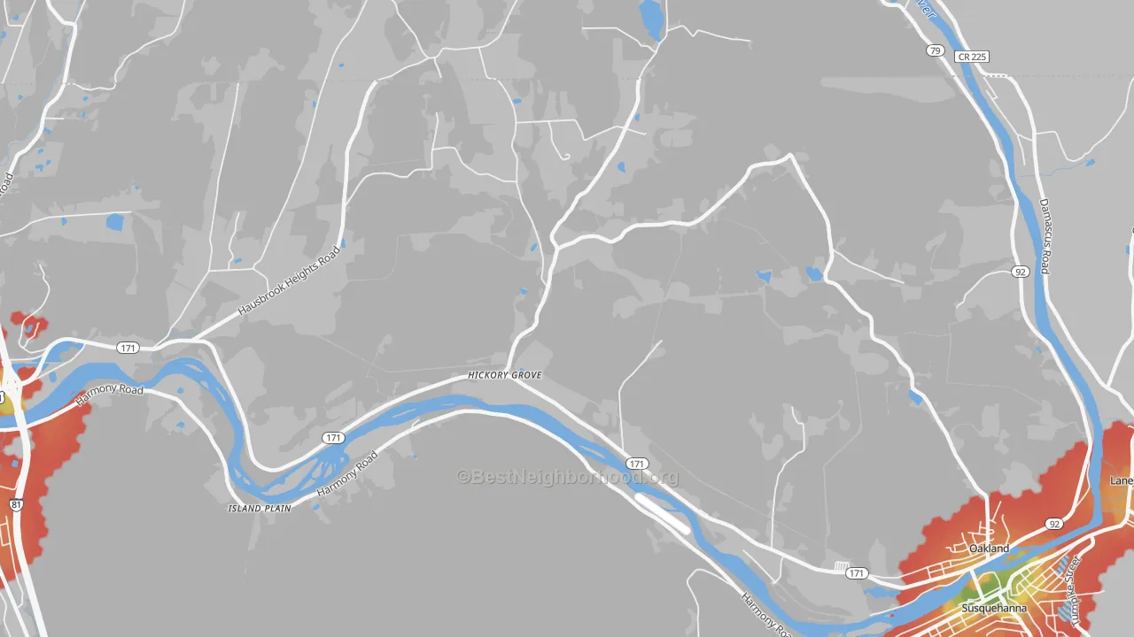 Walk Grade map of Hickory Grove, PA, walkable areas in green and car-dependent areas in red