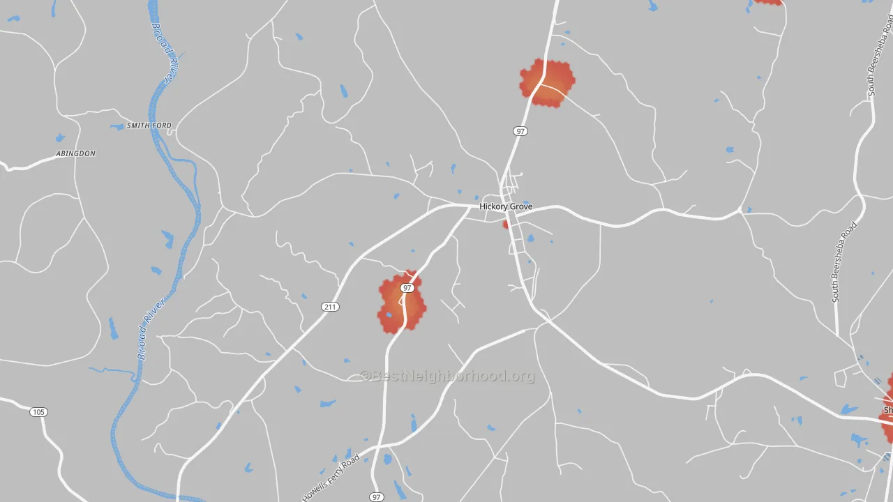 Walk Grade map of Hickory Grove, SC, walkable areas in green and car-dependent areas in red