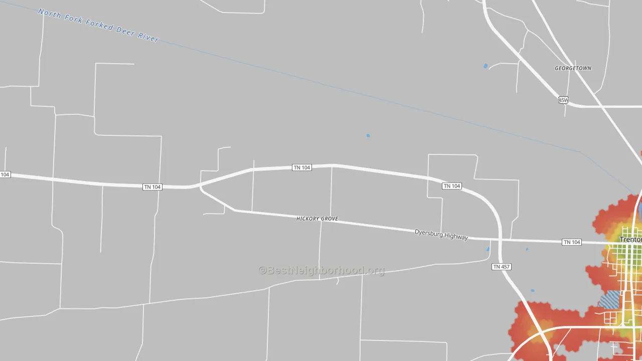 Walk Grade map of Hickory Grove, TN, walkable areas in green and car-dependent areas in red