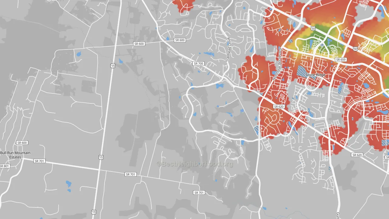 Walk Grade map of Hickory Grove, VA, walkable areas in green and car-dependent areas in red