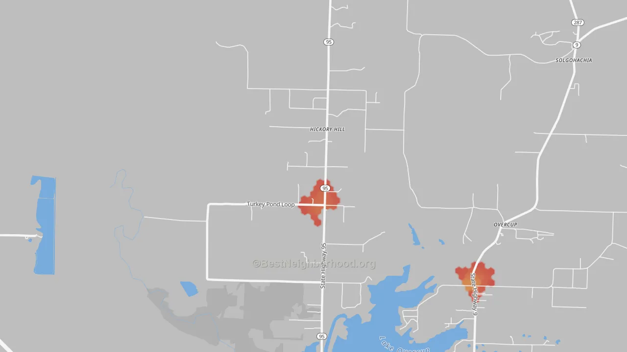 Walk Grade map of Hickory Hill, AR, walkable areas in green and car-dependent areas in red