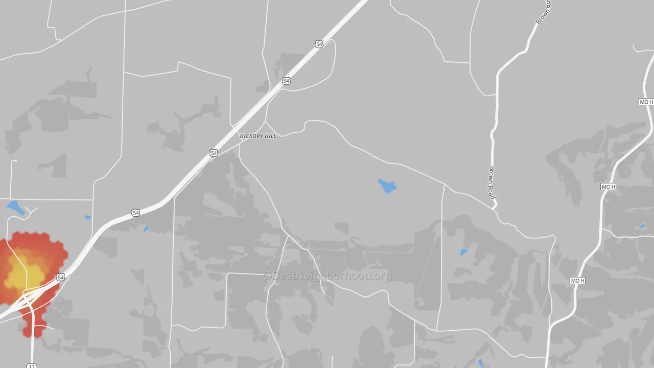 Walk Grade map of Hickory Hill, MO, walkable areas in green and car-dependent areas in red