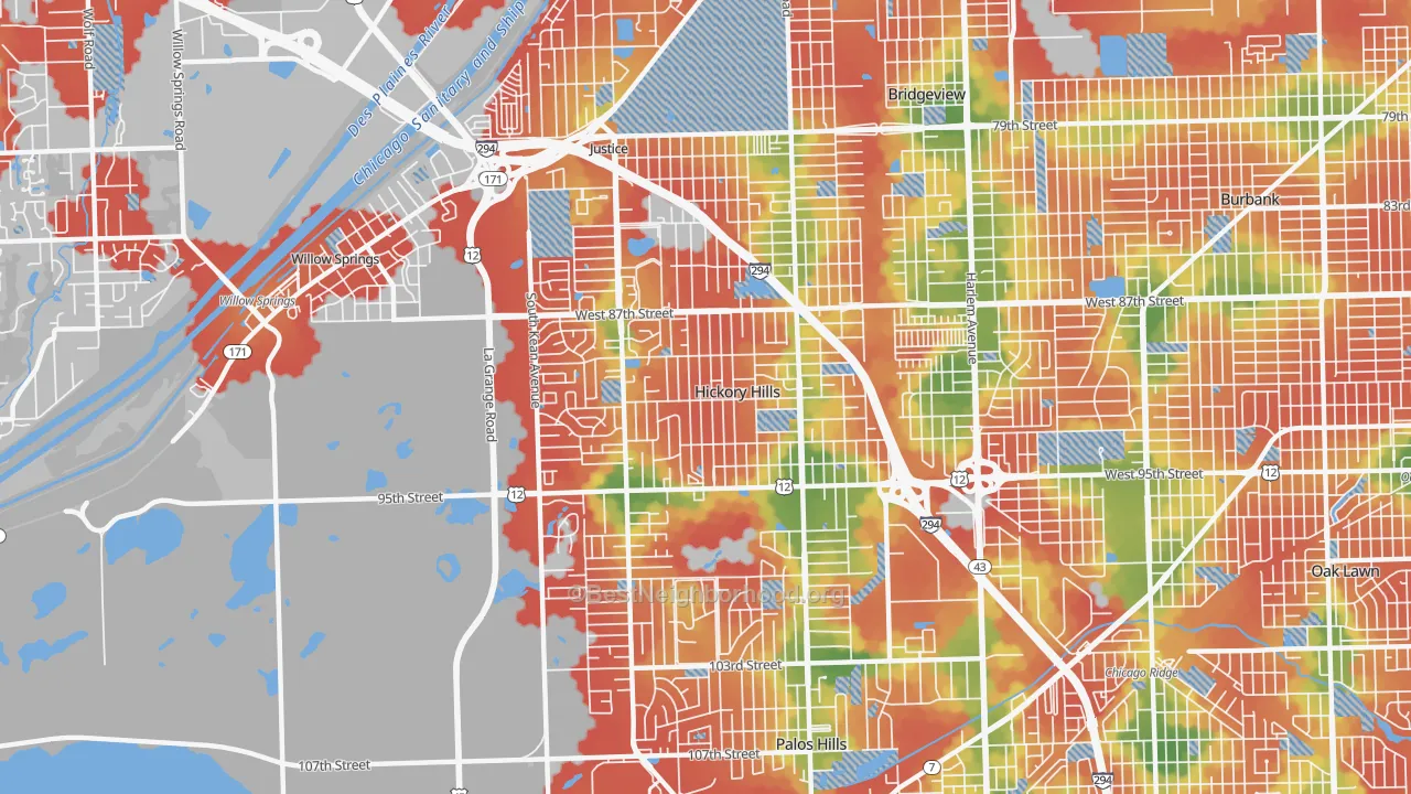 Walk Grade map of Hickory Hills, IL, walkable areas in green and car-dependent areas in red