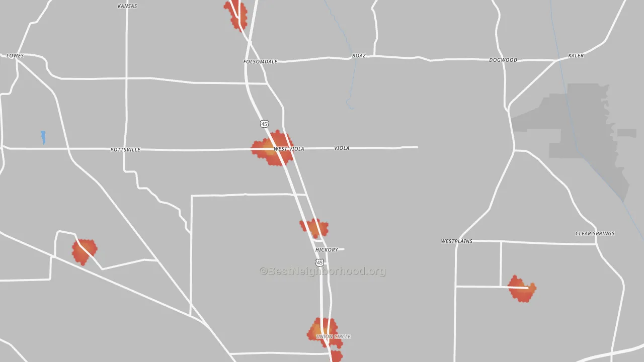 Walk Grade map of Hickory, KY, walkable areas in green and car-dependent areas in red