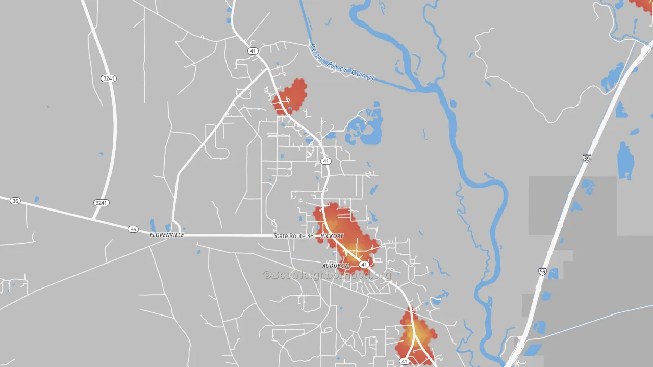Walk Grade map of Hickory, LA, walkable areas in green and car-dependent areas in red