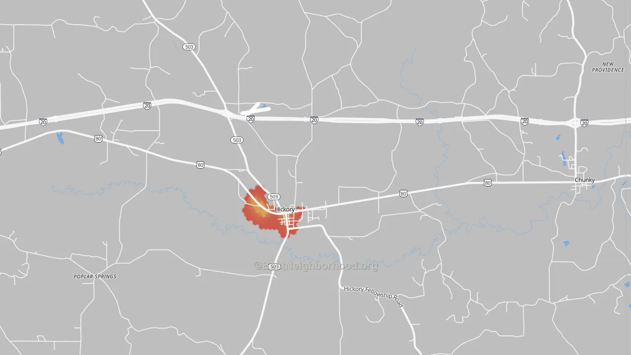 Walk Grade map of Hickory, MS, walkable areas in green and car-dependent areas in red