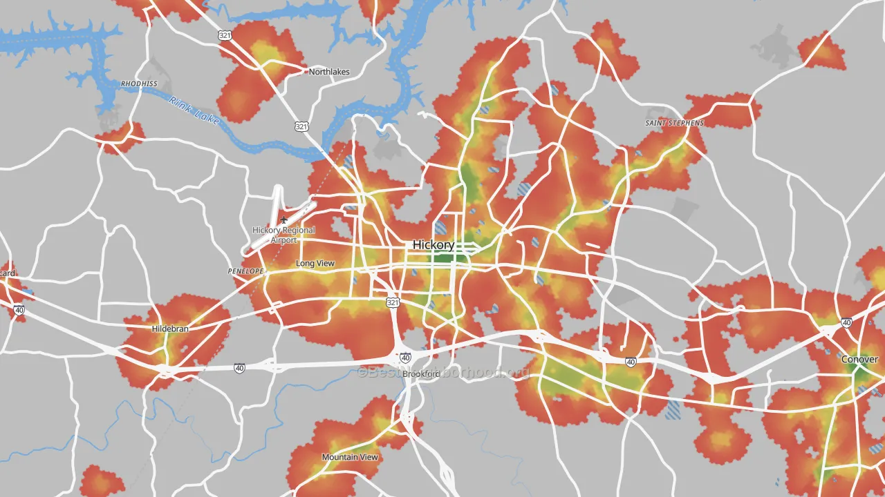 Walk Grade map of Hickory, NC, walkable areas in green and car-dependent areas in red