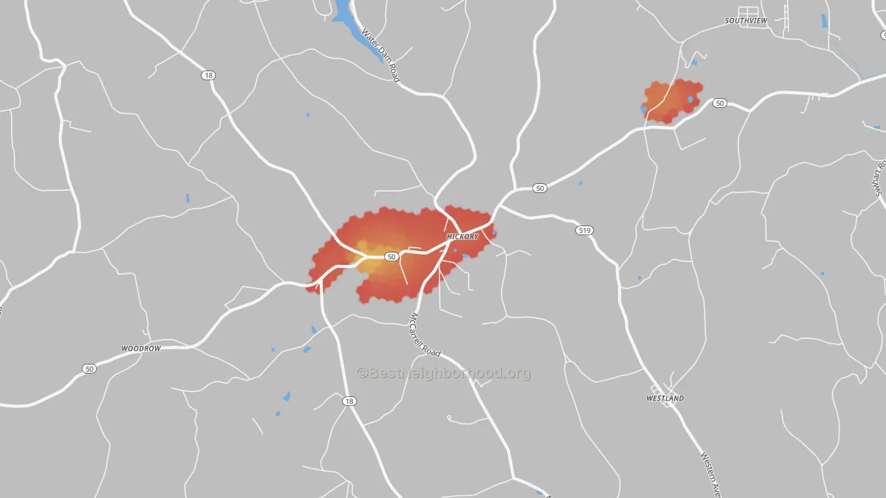 Walk Grade map of Hickory, PA, walkable areas in green and car-dependent areas in red