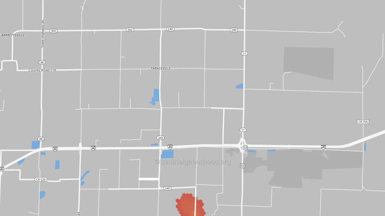 Walk Grade map of Hickory Plains, AR, walkable areas in green and car-dependent areas in red