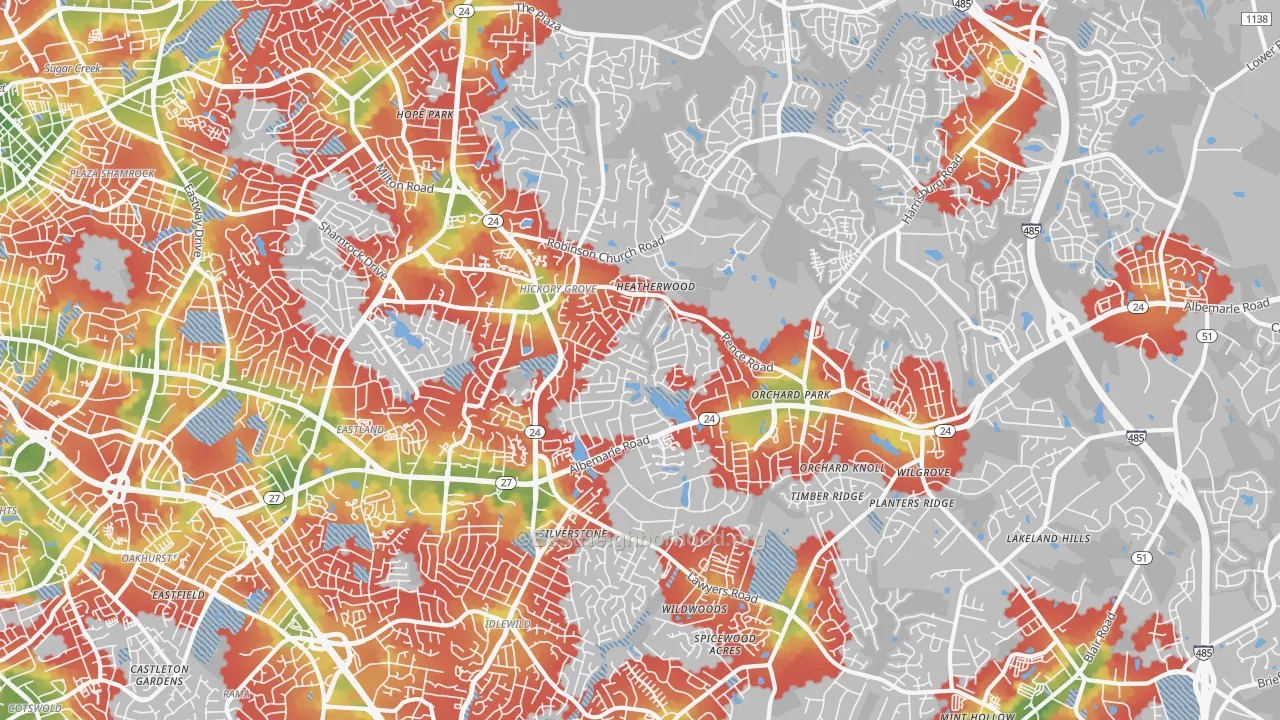 Walk Grade map of Hickory Ridge, Charlotte, NC, walkable areas in green and car-dependent areas in red