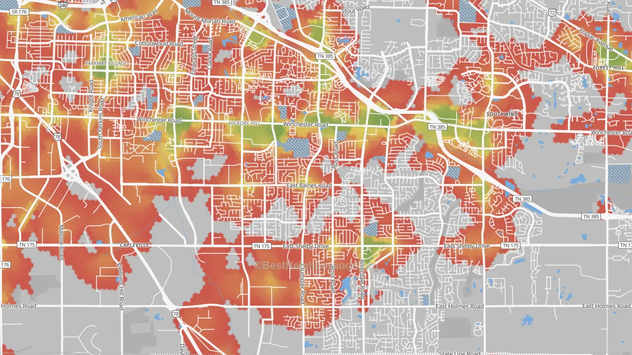 Walk Grade map of Hickory Ridge-South Riverdale, Memphis, TN, walkable areas in green and car-dependent areas in red