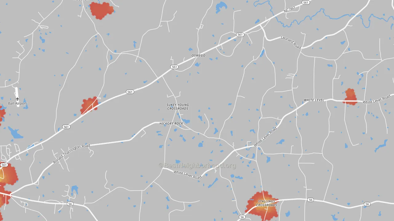 Walk Grade map of Hickory Rock, NC, walkable areas in green and car-dependent areas in red