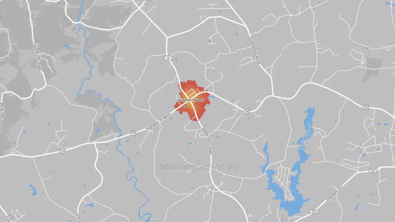 Walk Grade map of Hickory Tavern, SC, walkable areas in green and car-dependent areas in red