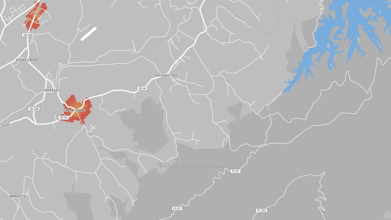 Walk Grade map of Hickory Tree, TN, walkable areas in green and car-dependent areas in red