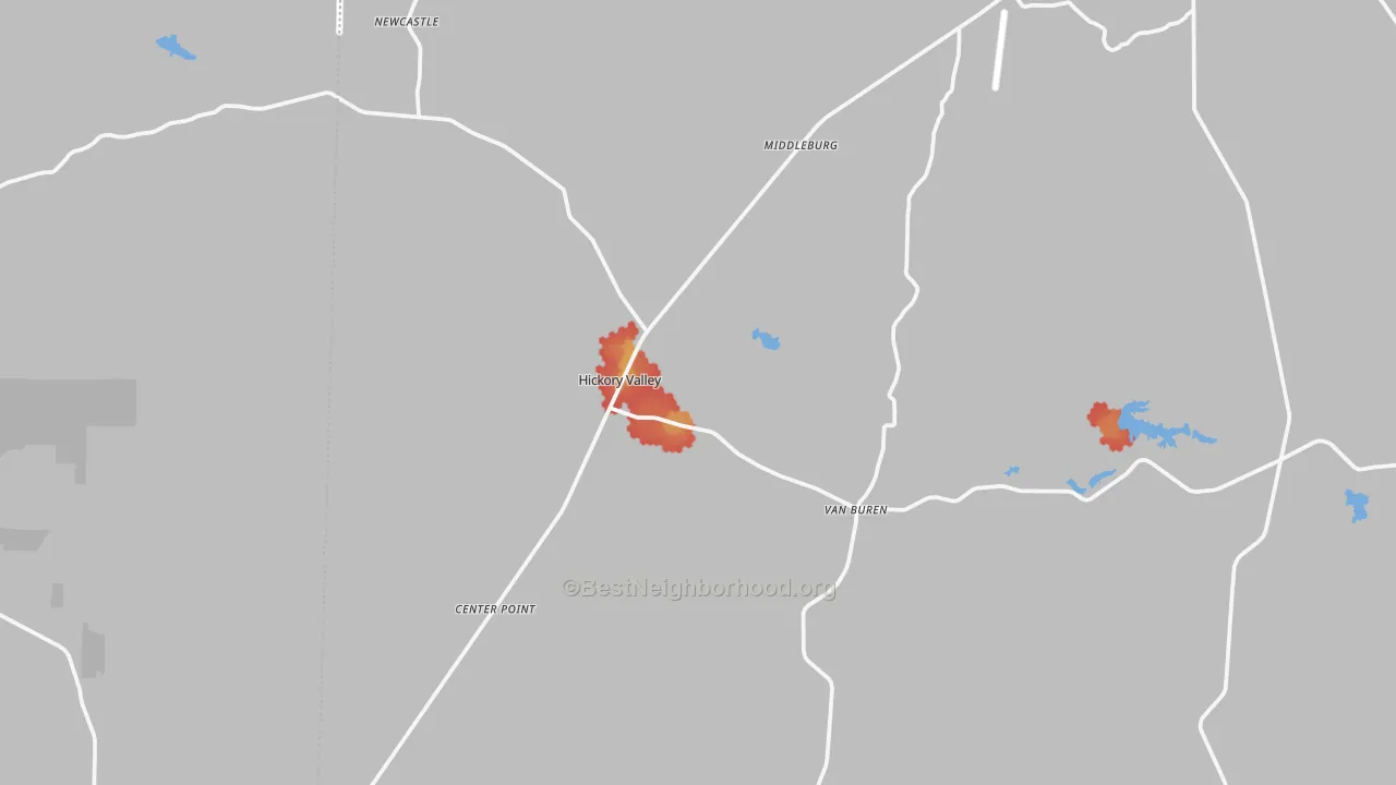 Walk Grade map of Hickory Valley, TN, walkable areas in green and car-dependent areas in red